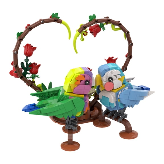 Valentine's Day Lovebirds Building Blocks Set 564PCS Romantic Bird Couple with Heart Vine & Roses Floral Display Model Collectible DIY Construction Kit