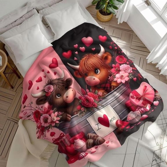 Valentine's Day Lovely Cow Pattern Throw Blanket, Soft Comfortable Bedding for Bedroom, Warm Napping Blanket for Home Office, Gift for Her Him