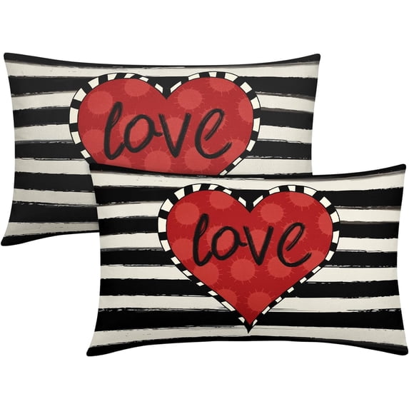 Valentine''s Day Lumbar Pillow Covers 12X20 Inch Set of 2 Red Love Heart Stripes Valentine Rectangular Pillow Cases Valentines Cushion Case Anniversary Wedding Home Decor for Sofa Couch Bedroom