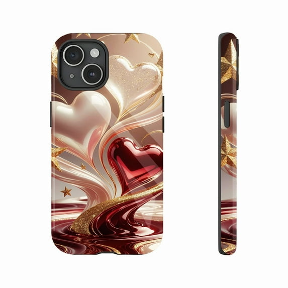 Valentine's Day Luxury Heart Design Phone Case for Couples, Compatible with iPhone 11/12/13/14/15/16 (Pro Max/Plus) - Shimmering Gold Stars & Glossy Hearts