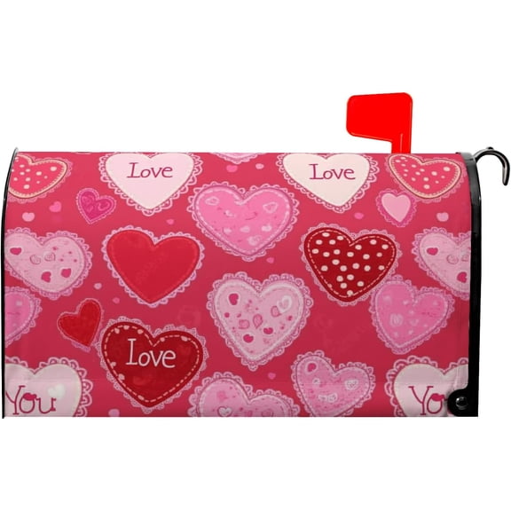 Valentine''s Day Magnetic Mailbox Cover - Red Pink Love Hearts Wedding Anniversary Post Letter Box Wrap 18X21 for Garden Outdoor Decor