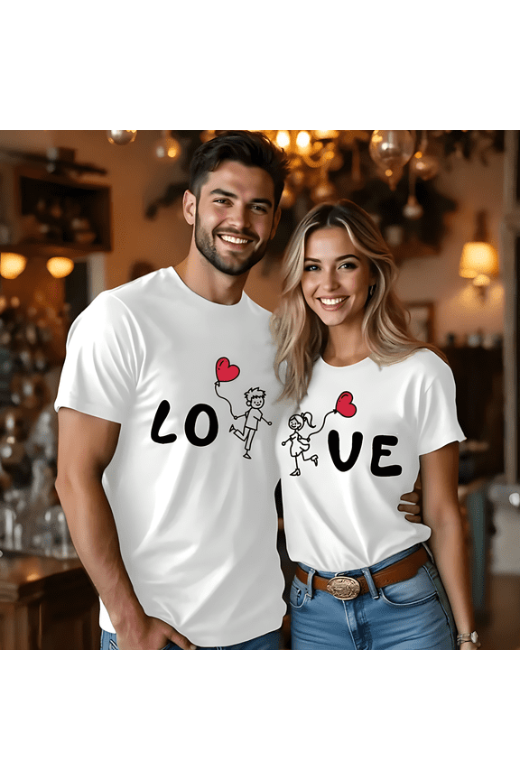 Valentine's Day Matching Couple T-Shirts, Cute Love Cartoon Graphic Tees, Romantic Coordinate Outfits for Him and Her, Unisex Cotton Couple Shirts (Men S)