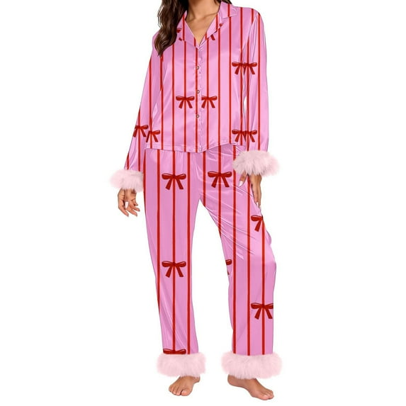 Valentine's Day Matching Pajamas for Couples Springs Women Pajama Sets V Neck Loungewear Women's Sleepwear Long Sleeve Shirts Womens Pjs Sets Hot Pink