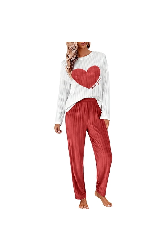 Valentine's Day Matching Pajamas for Couples Springs Women Pajama Sets Crew Neck Loungewear Women's Sleepwear Elbow Sleeve Womens Pjs Sets Red
