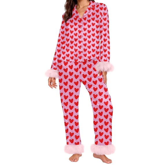 Valentine's Day Matching Pajamas for Couples Springs Women Pajama Sets V Neck Loungewear Women's Sleepwear Long Sleeve Shirts Womens Pjs Sets Pink
