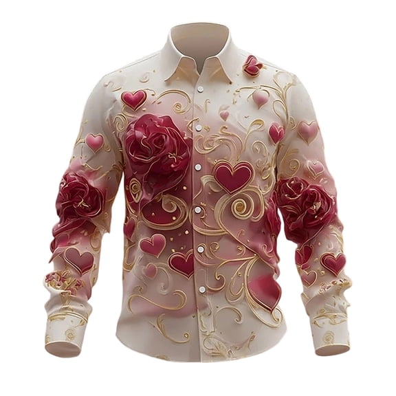 Valentine's Day Men Fashion Shirt Casual Long Sleeve Digital Print Button Down Loose Fit Top Multicolour XXL