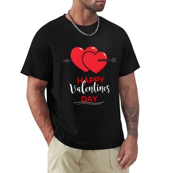 Valentine’s Day Men's Cotton HD Print Short Sleeve T-Shirt Crew Neck Top Black 2XL