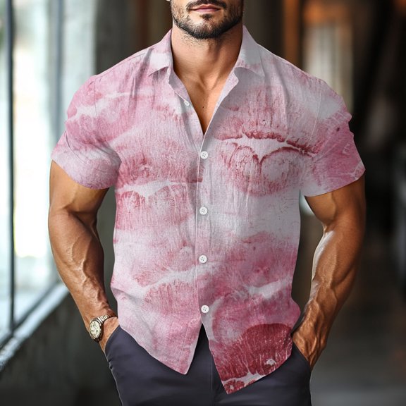 Valentine's Day Men's Short Sleeve Button Down Love Heart Print Shirts – Casual Collared Summer Vacation Big and Tall Shirts for Men