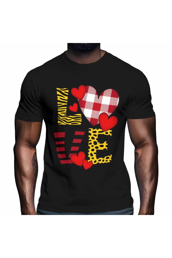 Valentine's Day Men's T Shirts Cartoon Leopard Stripes LOVE T-Shirt for Men Crew Neck Tees Cotton Tops Black, XL