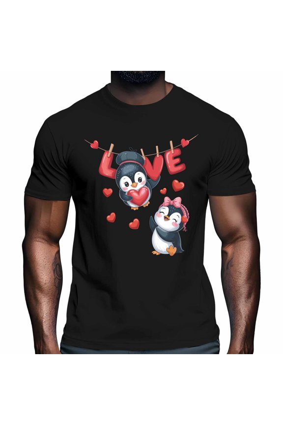 Valentine's Day Men's T Shirts Cartoon Penguin Couple Red Love Heart T-Shirt for Men Crew Neck Tees Cotton Tops Black, XL
