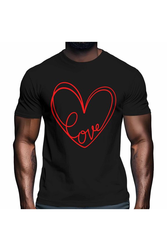 Valentine's Day Men's T Shirts Red Line Love Heart Modern T-Shirt for Men Crew Neck Tees Cotton Tops Black, 3XL