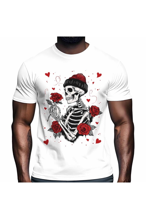 Valentine's Day Men's T Shirts Red Roses Love Skeleton T-Shirt for Men Crew Neck Tees Cotton Tops White, S