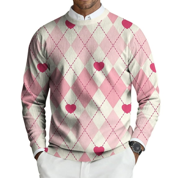 Valentine's Day Mens Crewneck Sweater Retro Love Heart Textured Long Sleeve Sweaters Valentine's Day Sweater Gift