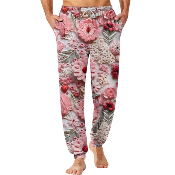 Valentine's Day Mens Pajamas Pants with Elastic Cuffs Soft Fabric Sleep Pants Printed Lettering Heart Pattern Pajama Bottoms Red XL