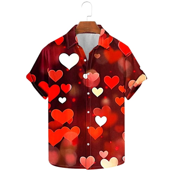 Valentine's Day Mens Shirt, Heart Print Shirt Men, Men's Valentine's Day Printed Shirts Casual Short Sleeved Lapel Shirt Tops