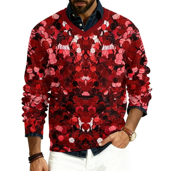 Valentine's Day Mens V-neck Pullovers Love Heart Pattern Knit Lightweight Shirt Tops Valentine's Day Slim Fit Sweatshirts