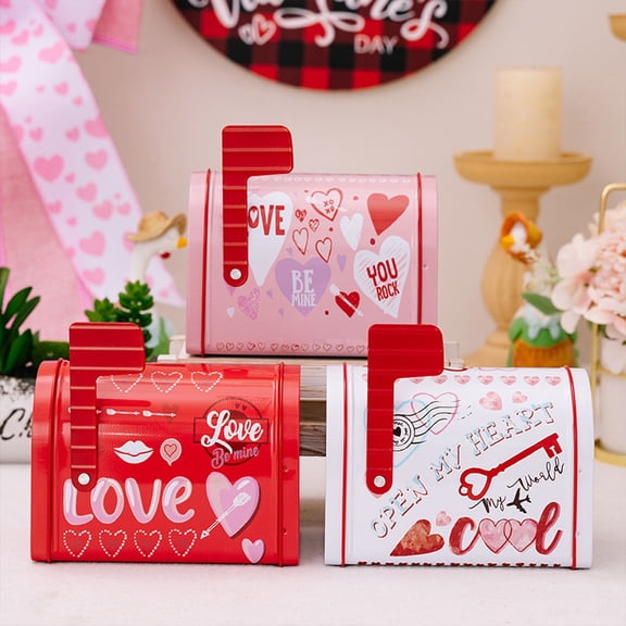 Valentine’s Day Metal Mailbox Decor - Romantic Heart Themed Iron Storage Box, Envelope Style Gift Box, Sturdy Metal Decor, Festive Accent for Valentine Home Party Tabletop Decoration, 5*4*3in, Red