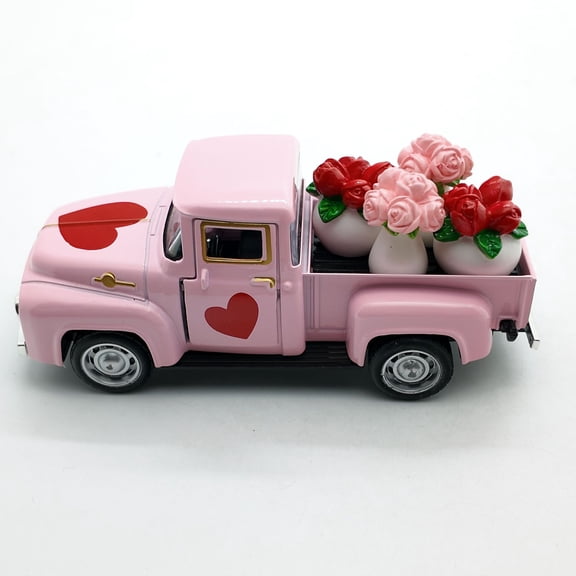 Valentine's Day Metal Truck Decor,Wedding Anniversary Metal Truck with 4Pcs Pink Red Rose Ornaments,Farmhouse Vintage Pickup Car Decor for Tabletop Centerpiece Home Kitchen Decorations