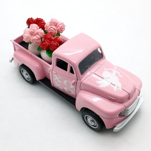Valentine's Day Metal Truck Decor,Wedding Anniversary Metal Truck with 4Pcs Pink Red Rose Ornaments,Farmhouse Vintage Pickup Car Decor for Tabletop Centerpiece Home Kitchen Decorations