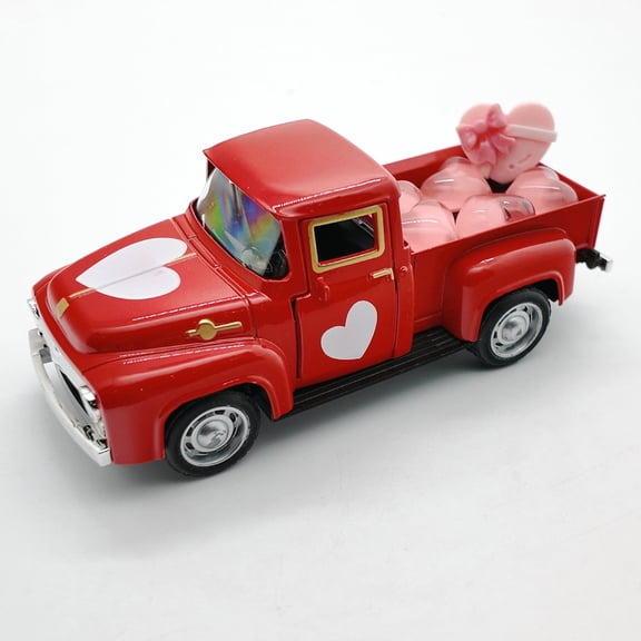 Valentine's Day Metal Truck Decor,Wedding Anniversary Metal Truck with 6Pcs Transparent Heart Ornaments,Farmhouse Vintage Pickup Car Decor for Tabletop Centerpiece Home Kitchen Decorations