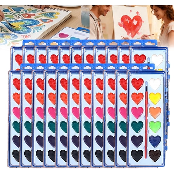 Valentine’s Day Mini Watercolor Paint Sets, Heart Shaped Water Color Valentines Set, Washable Mini Water Color Paint with 8/16 colors, Valentines Classroom Gifts Party Favors for Kids(12 Color-24PCS)