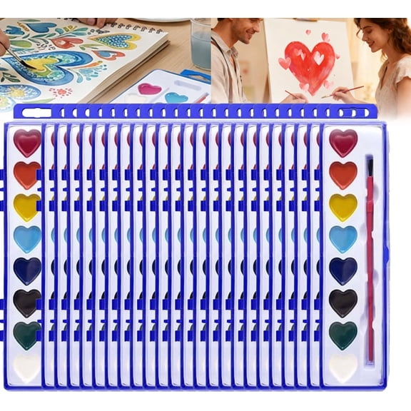 Valentine’s Day Mini Watercolor Paint Sets, Heart Shaped Water Color Valentines Set, Washable Mini Water Color Paint with 8/16 colors, Valentines Classroom Gifts Party Favors for Kids(8 Color-24PCS)