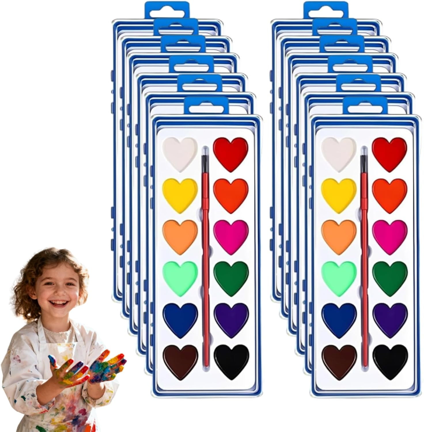 Valentine’s Day Mini Watercolor Paint Sets, Valentine Watercolor Set, Washable Mini Heart Water Color Paint for Valentine’s Day with Brushers (16colors 12pcs)