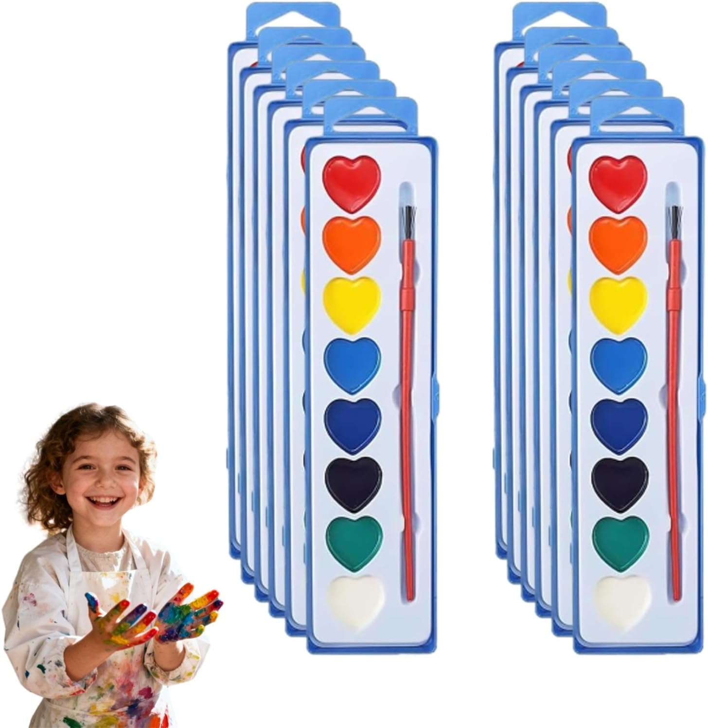 Valentine’s Day Mini Watercolor Paint Sets, Valentine Watercolor Set, Washable Mini Heart Water Color Paint for Valentine’s Day with Brushers (8colors 12pcs)