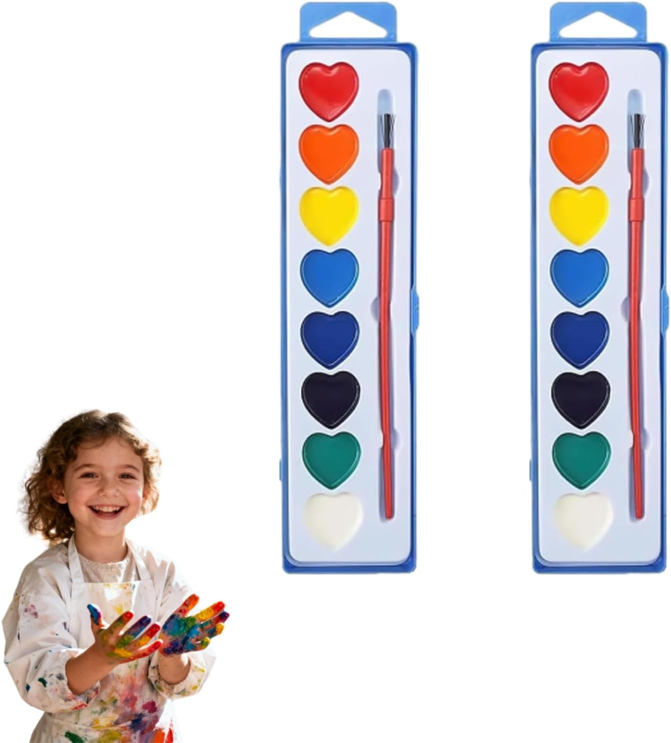 Valentine’s Day Mini Watercolor Paint Sets, Valentine Watercolor Set, Washable Mini Heart Water Color Paint for Valentine’s Day with Brushers (8colors 2pcs)
