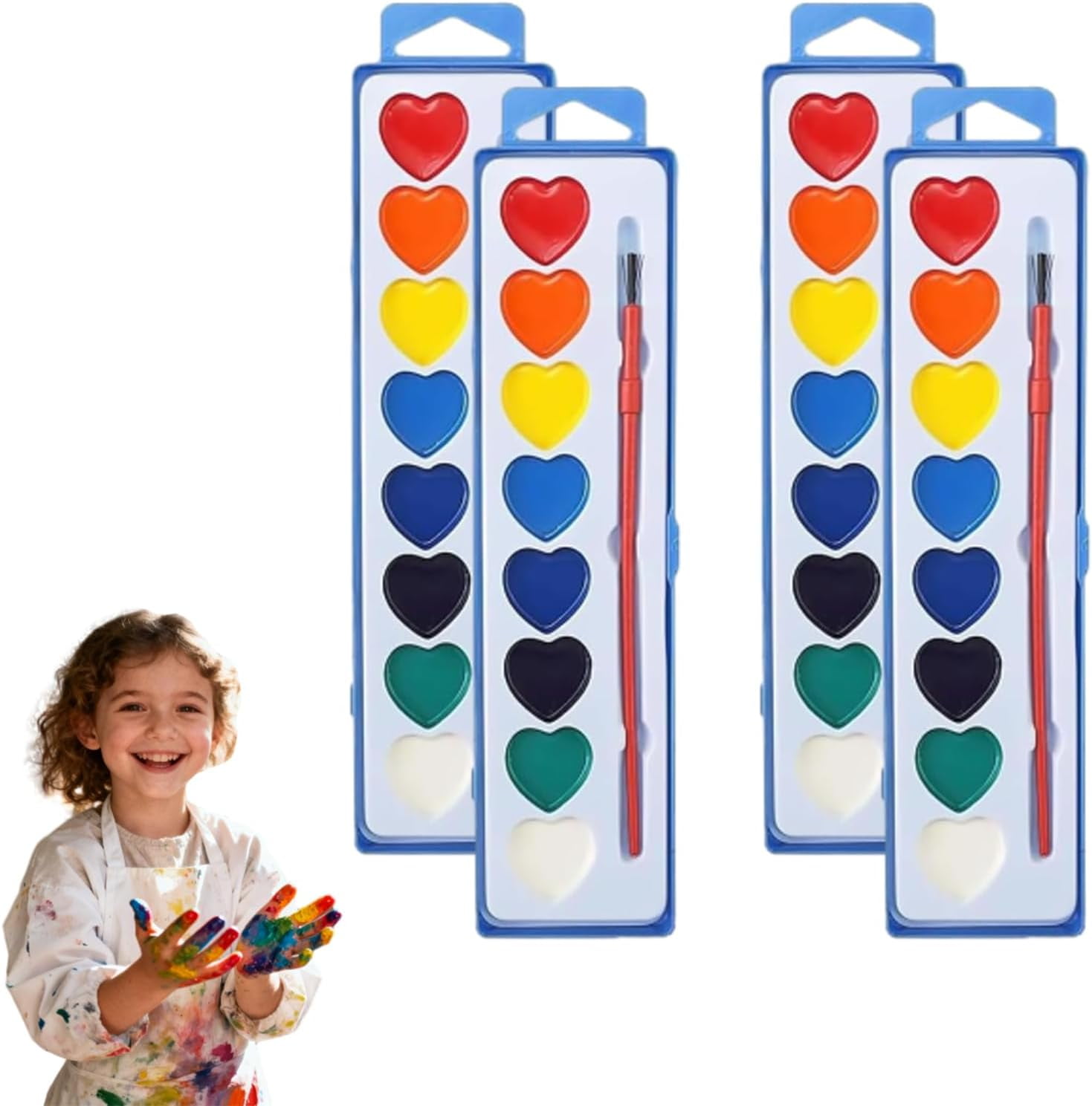 Valentine’s Day Mini Watercolor Paint Sets, Valentine Watercolor Set, Washable Mini Heart Water Color Paint for Valentine’s Day with Brushers (8colors 4pcs)