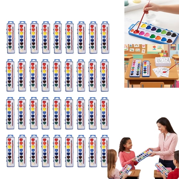 Valentines Day Mini Watercolor Paint Sets, Watercolor Valentine Set, Washable Heart Watercolors Paint Set with Brush, for Valentines Party Gift