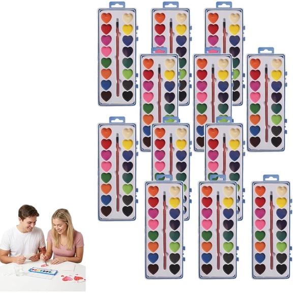 Valentines Day Mini Watercolor Paint Sets, Watercolor Valentine Set, Washable Mini Heart Water Color Paint, for Valentines , Heart Shaped Paint Palette(12pcs-16color)