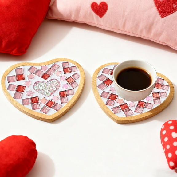 Valentine’s Day Mosaic Craft Kit Complete DIY Wooden Cup Mat Set with Multicolor Tiles Glue Sponge Sealant Handmade Gift for Her Him Couples