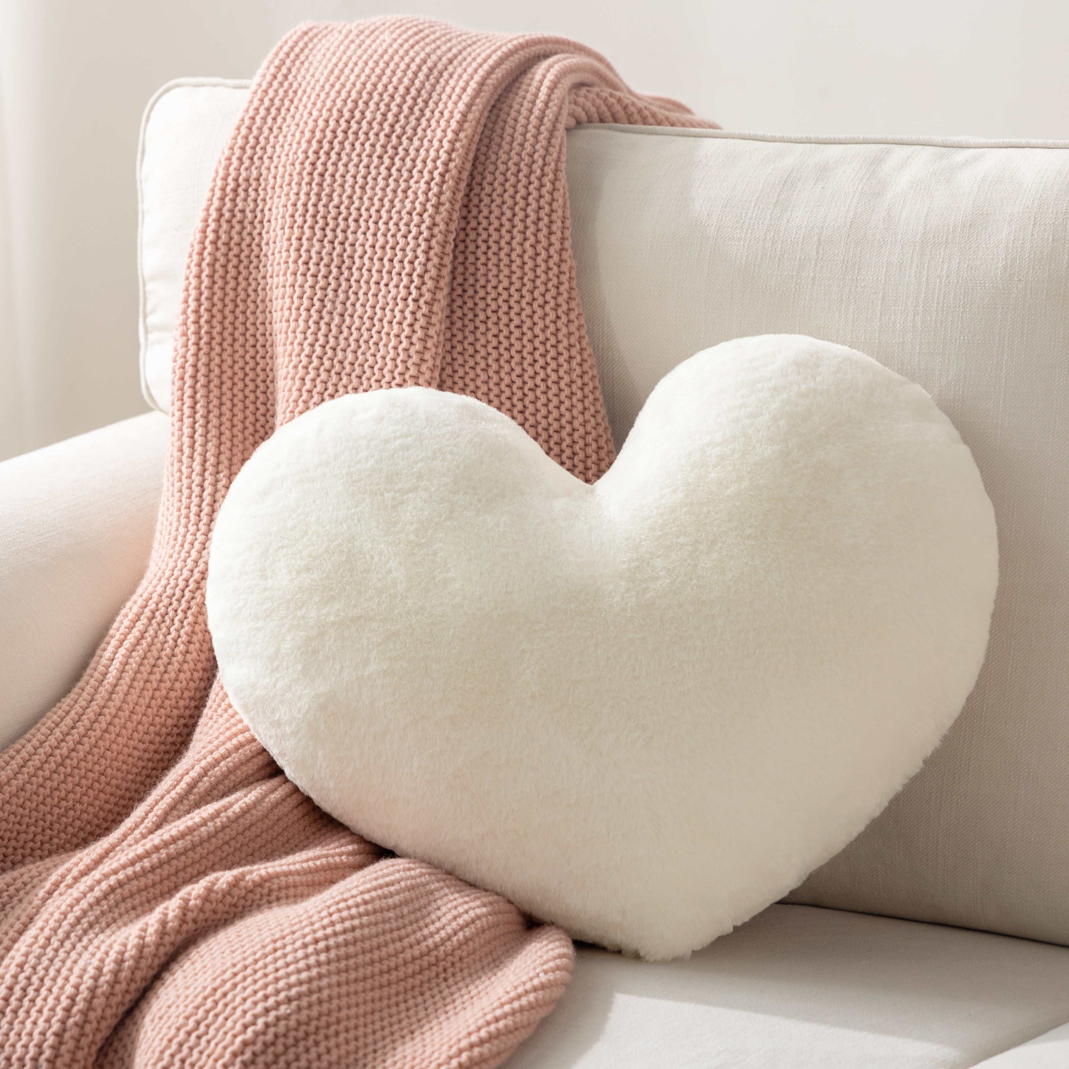 Valentine's Day Mother's Day 3D Heart Throw Pillow Plush Fluffy, Cute Soft Throw Cushion, Holiday Decorative for Home Bed Couch Heart Shape, Cream White, 15x17 inches