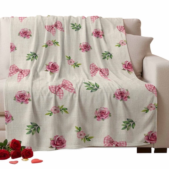 Valentine's Day Mother's Day Fleece Throw Blanket Lightweight Pink Ribbon Roses Bow Linen Fuzzy Flannel Throws Super Soft Cozy Flannel Blanket for Couch, Sofa, Bed, Travel 50"x80"