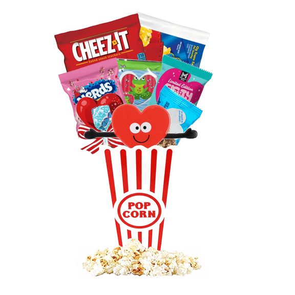 Valentine's Day Movie Night Gift Basket - Sweet Treats and Popcorn Love in a Movie Night Bucket - Perfect for Couples, Family, Friends, Teens, Men, Kids, Date Night (Googly Eyes Heart)