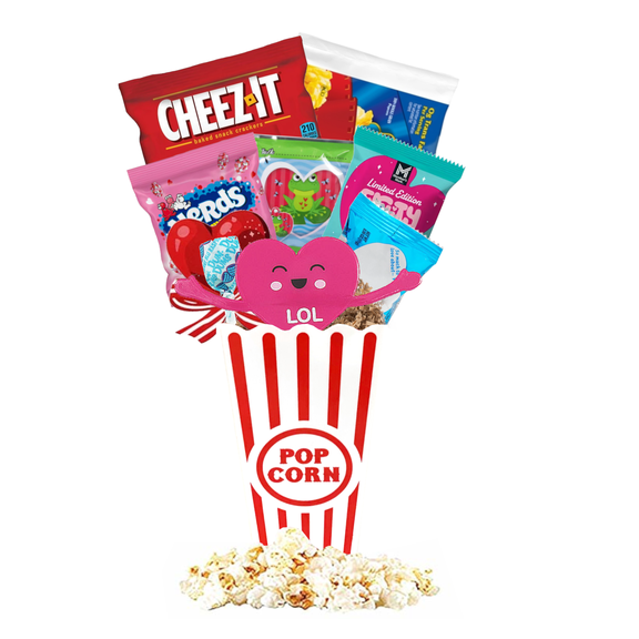 Valentine's Day Movie Night Gift Basket - Sweet Treats and Popcorn Love in a Movie Night Bucket - Perfect for Couples, Family, Friends, Teens, Men, Kids, Date Night (Pink - LOL!)