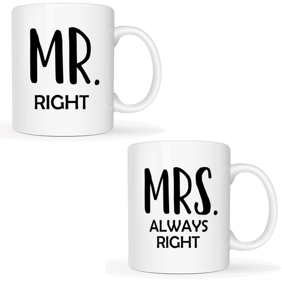 Valentine's Day Mr Right And Mrs Always Right Coffee Mugs Set of 2, Funny Wedding Gifts for Couple Wife Husband, Newly Wed Gifts for Bride And Groom Bridal Shower for Couples, 11Oz