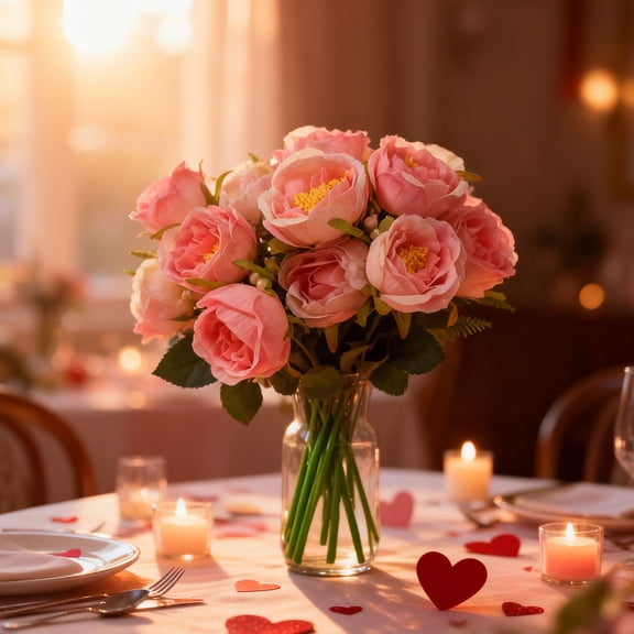 Valentine's Day Multi-Headed Rose Bouquet - Lifelike Artificial Rose Hand-Struck Arrangement, Romantic Proposal & Anniversary Gift, Realistic Reusable Flowers for Home Decor & Gifting, 13.39in, B