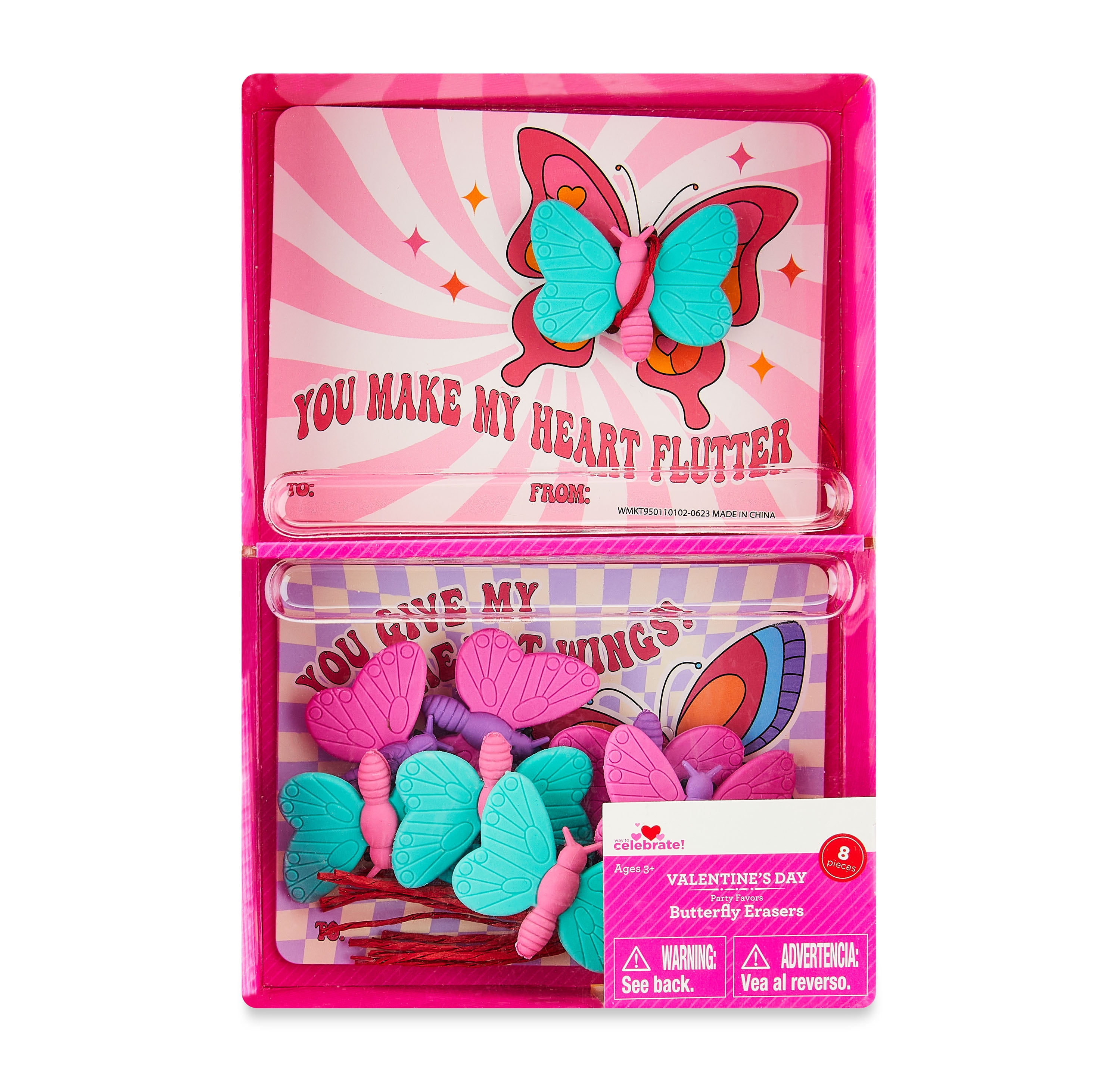 Valentine's Day Multicolor Butterfly Erasers with Greeting Cards, 8