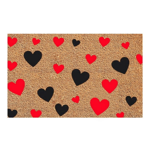 Valentine's Day Natural Coir Door Mat Red Black Heart Pattern Welcome Mat Entrance Door Rugs for Indoor Outdoor Home Bathroom Decor
