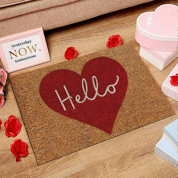 Valentine's Day Natural Coir Doormat Red Love Heart Welcome Floor Mat Non- Entrance Door Rugs for Indoor Outdoor Home Bathroom Decor, 15.75 x 23.62 Inch