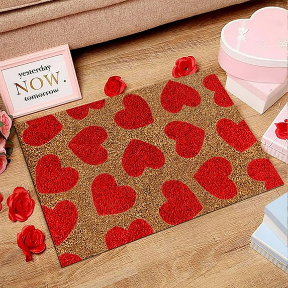 Valentine's Day Natural Coir Doormat Red Love Heart Welcome Floor Mat Non- Entrance Door Rugs for Indoor Outdoor Home Bathroom Decor, 15.75 x 23.62 Inch