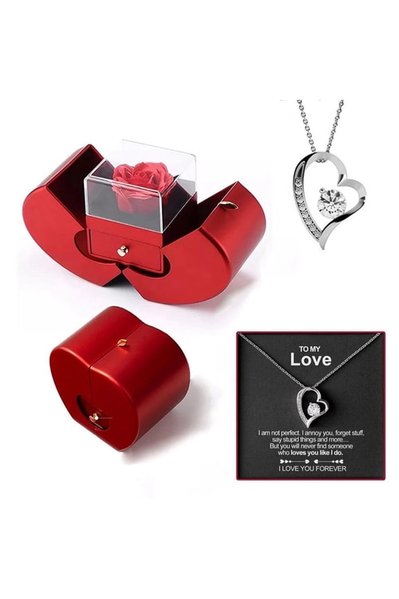 Valentine's Day Necklace Gift Box Set for Her, Open Double Heart Zirconia Necklace with Preserved Red Rose & Keepsake Card in Foldable Heart Box, Gift for Girlfriend Wife B