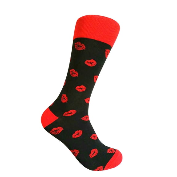 Valentine's Day Novelty Red Lips Pattern Unisex Mid-calf Dress Casual Socks in Black with Red Color