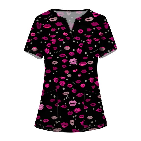 Valentine's Day Nurse Uniforms for Women 2024 Love Heart Printed V Neck Breathable Scrub Tops Short Sleeve Professionals Soft Stretch T-Shirts with Pockets (Purple)