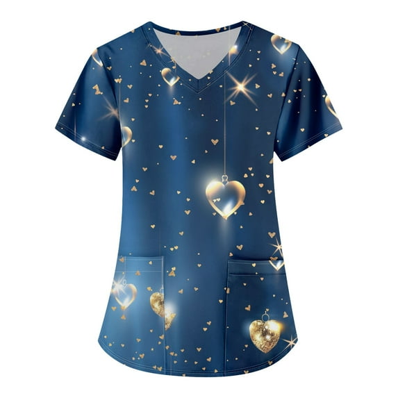 Valentine's Day Nurse Uniforms for Women 2024 Love Heart Printed V Neck Breathable Scrub Tops Short Sleeve Professionals Soft Stretch T-Shirts with Pockets dark blue 4X-Large