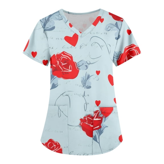 Valentines Day Nurse Uniforms for Women 2024 Love Heart Printed V-Neck Breathable Workwear Shirt Short Sleeve Professionals Soft Stretch Scrub Tops with Pockets light blue 4X-Large