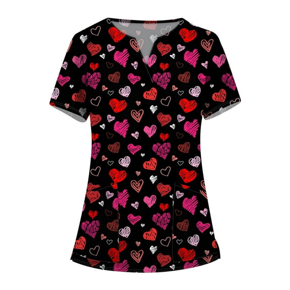 Valentine's Day Nurse Uniforms for Women Summer Love Heart Printed V Neck Breathable Scrub Tops Short Sleeve Professionals Soft Stretch Workwear Shirt with Pockets (Black)