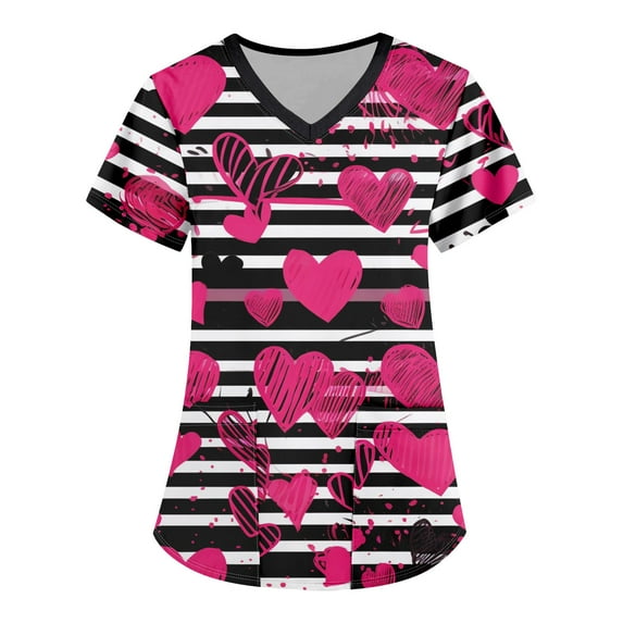 Valentines Day Print Scrub Tops Women Love Heart Printed V-Neck Breathable Scrub Tops Short Sleeve Professionals Soft Stretch T-Shirts with Pockets hot pink 3X-Large